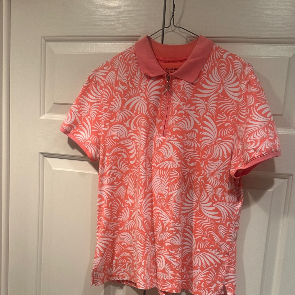 Coral Bay Coral and White Short-Sleeve Zip Polo Blouse